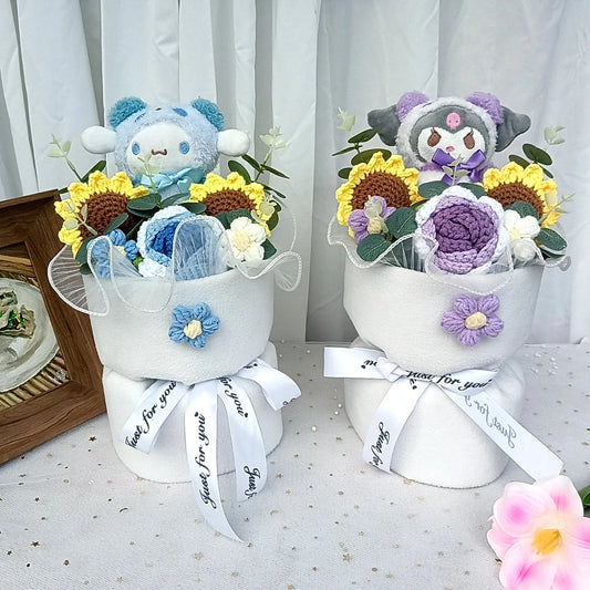 Hug bucket Hello Kitty Kuromi Cinnamoroll Plush bouquet Handmade Knitting Sunflower Rose Flower Valentine's Day Birthday Gift Good Vibrations