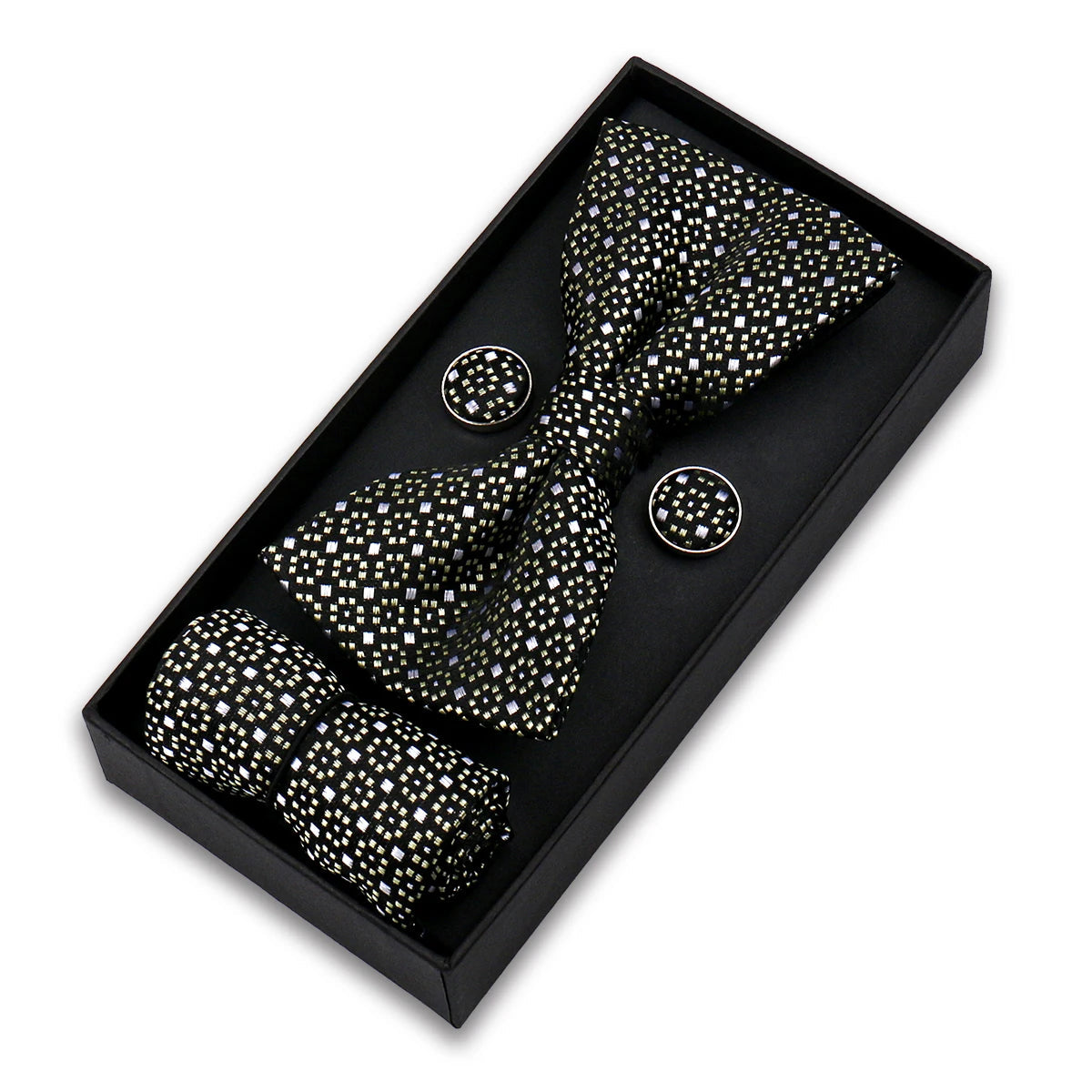 Bowtie For Men Set Gift Box Business Gift Fashion Bow Tie Pocket Square Cufflinks Set Bowtie 3pcs For Wedding Hanky Cravata Neck Good Vibrations