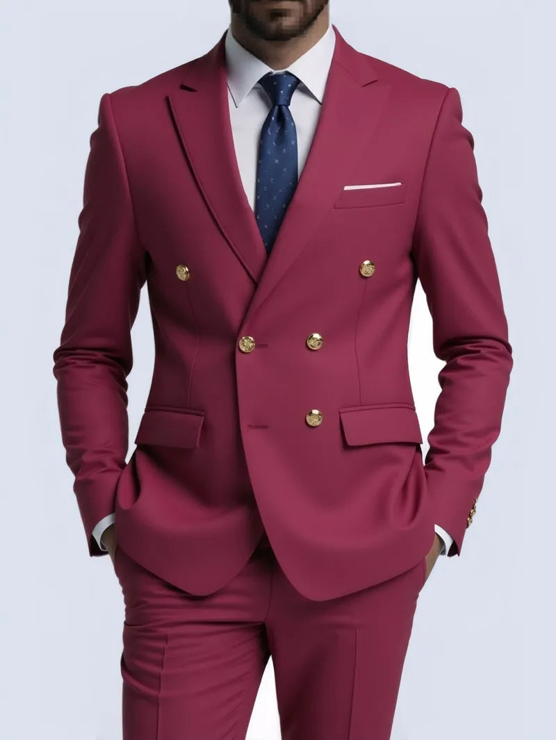 Suit (Blazer + Trousers) Men's Fashionable Gentleman Business Double-breasted Solid-color Banquet Host Casual Wedding Suit Good Vibrations