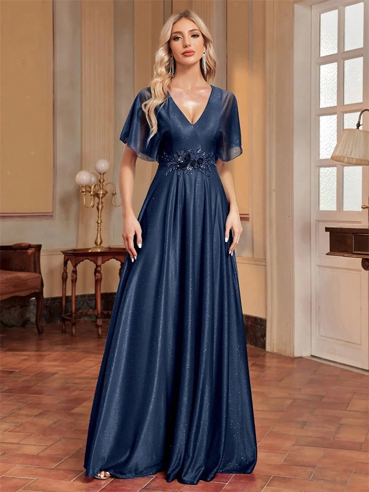 Elegant Royal V-neck Formal Evening Dress 2025 Women Short Sleeves Applique Wedding Party Dresses Long Gowns Good Vibrations