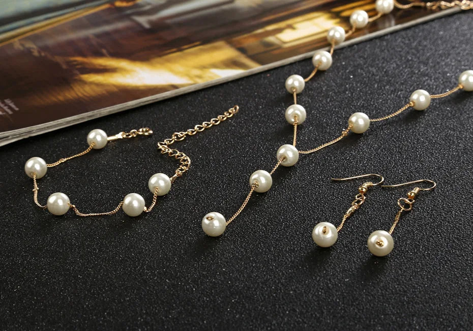 4pcs Gold-color Necklace Earring Bracelet Set Ladies Elegant Imitation-Pearls Collection Temperament Tassel Jewelry Good Vibrations Adult Super Store