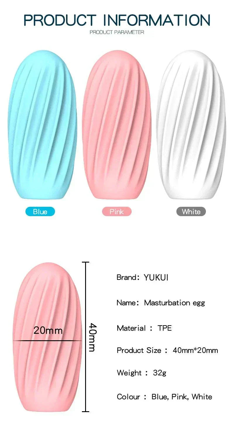 Male masturbator cup in blue, pink, and white, made of TPE, 40mm by 20mm, 32g.