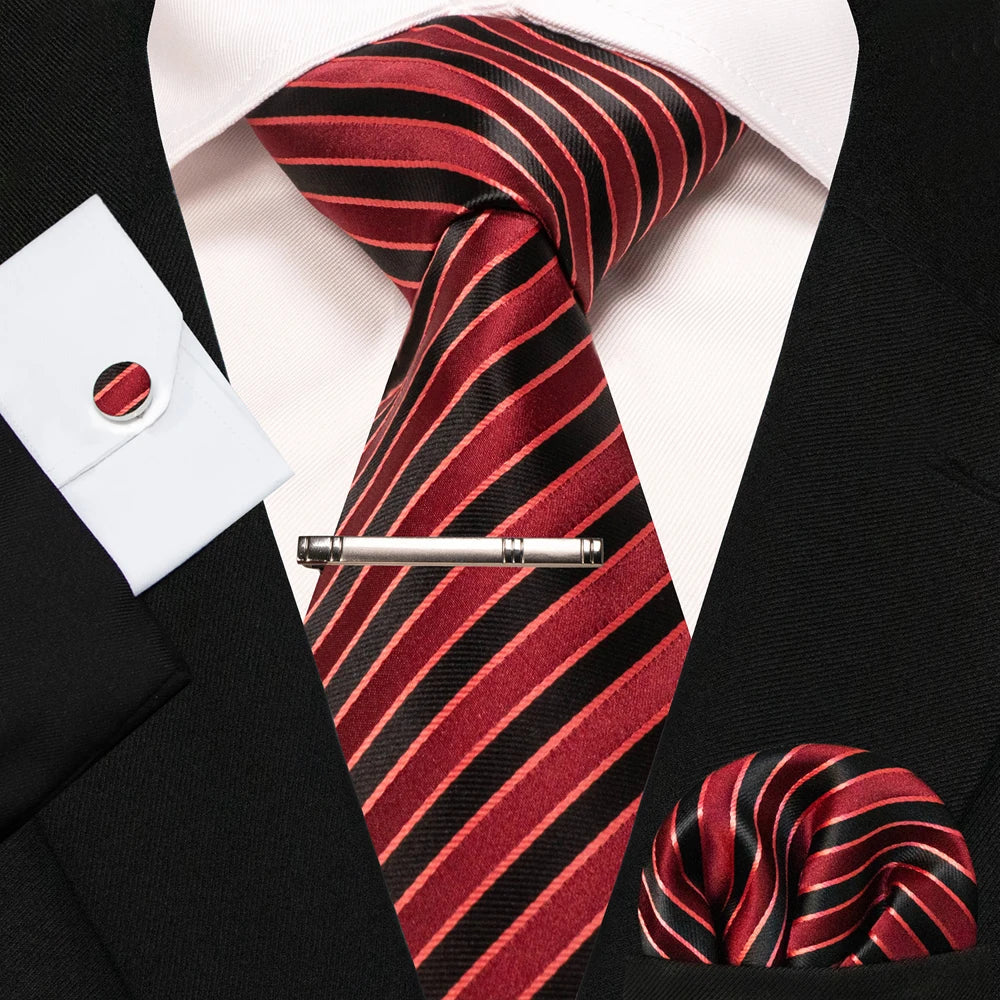 8cm Silk Mens Ties Green Black Ties plaid stripe NeckTie Pocket Square Cufflinks Tie clips Set Men's Wedding business Party Tie Good Vibrations