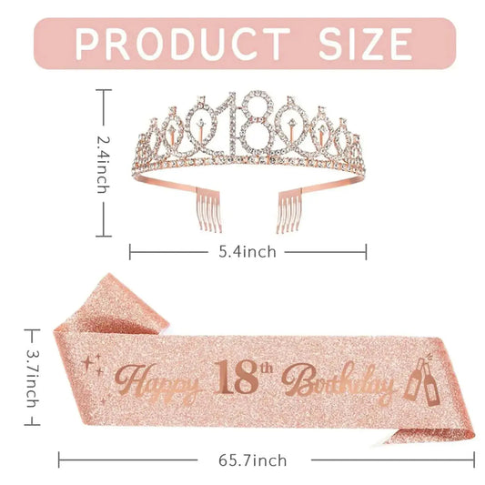 2Pcs/Set Crown and Pearl Pin Set for 18th Birthday - Happy 18th Birthday Sash, Tiara, Cake Topper, Decorations and Gift for Her Good Vibrations