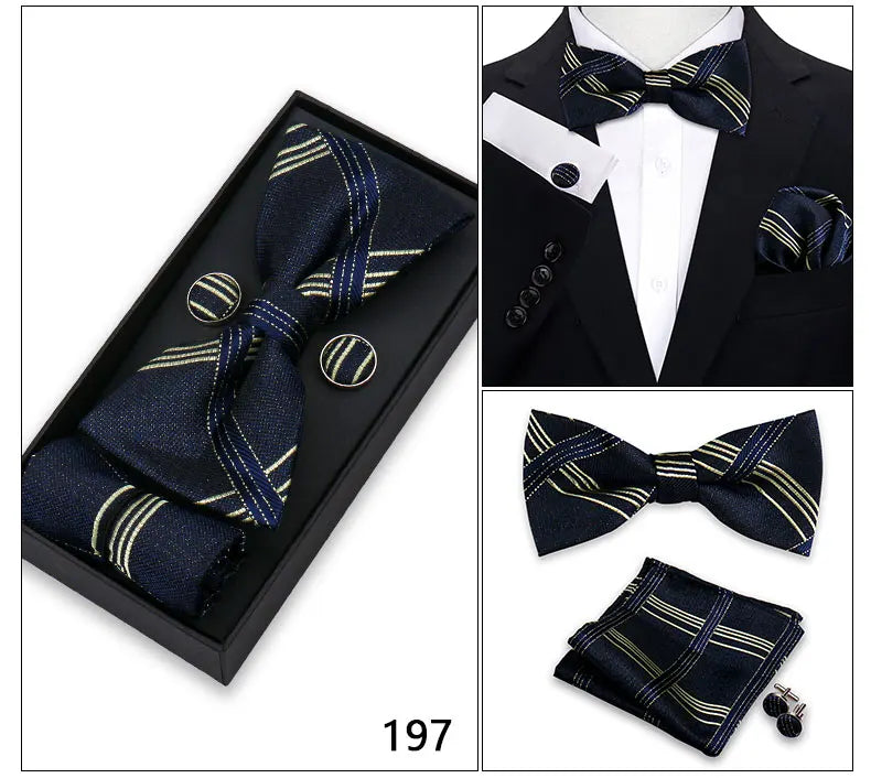Bowtie For Men Set Gift Box Business Gift Fashion Bow Tie Pocket Square Cufflinks Set Bowtie 3pcs For Wedding Hanky Cravata Neck