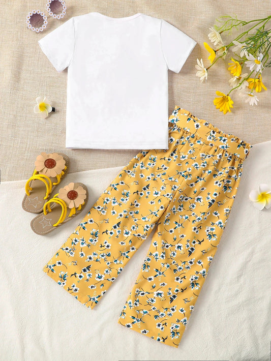 Girls Summer 2-Piece Set Cartoon Print T-Shirt & Floral Straight Leg Pants Breathable Kids Clothing Casual Outfit Fashion Good Vibrations