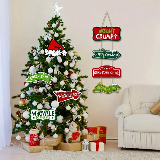 8 Pack Christmas Whoville Tree Decorations,Xmas Large Christmas Crafts Tree Hanging Ornaments Signs for Christmas Welcome to Hom Good Vibrations