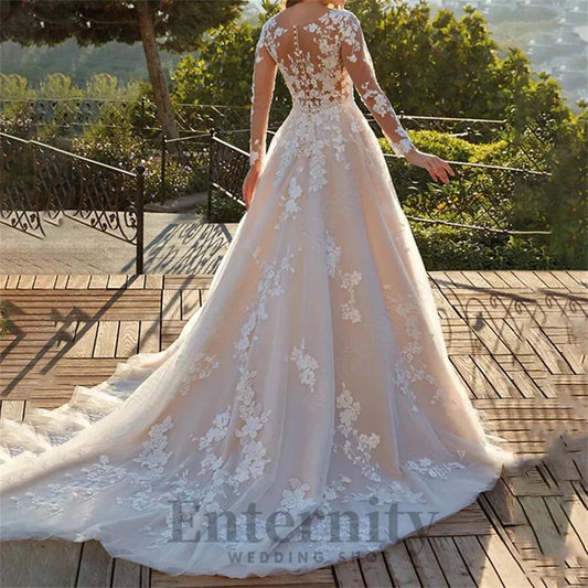 Enternity Fashionable A-line Wedding Gown For Bride Full Sleeves Court Train O-neck Lace Appliques vestidos de novia Customized Good Vibrations