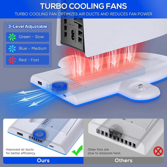 DOBE TP5-3528 Multi-Function Cooling Charging Dock for PS5 SLIM - Touch Switch, Multicolor LED, Ultrathin Design Good Vibrations