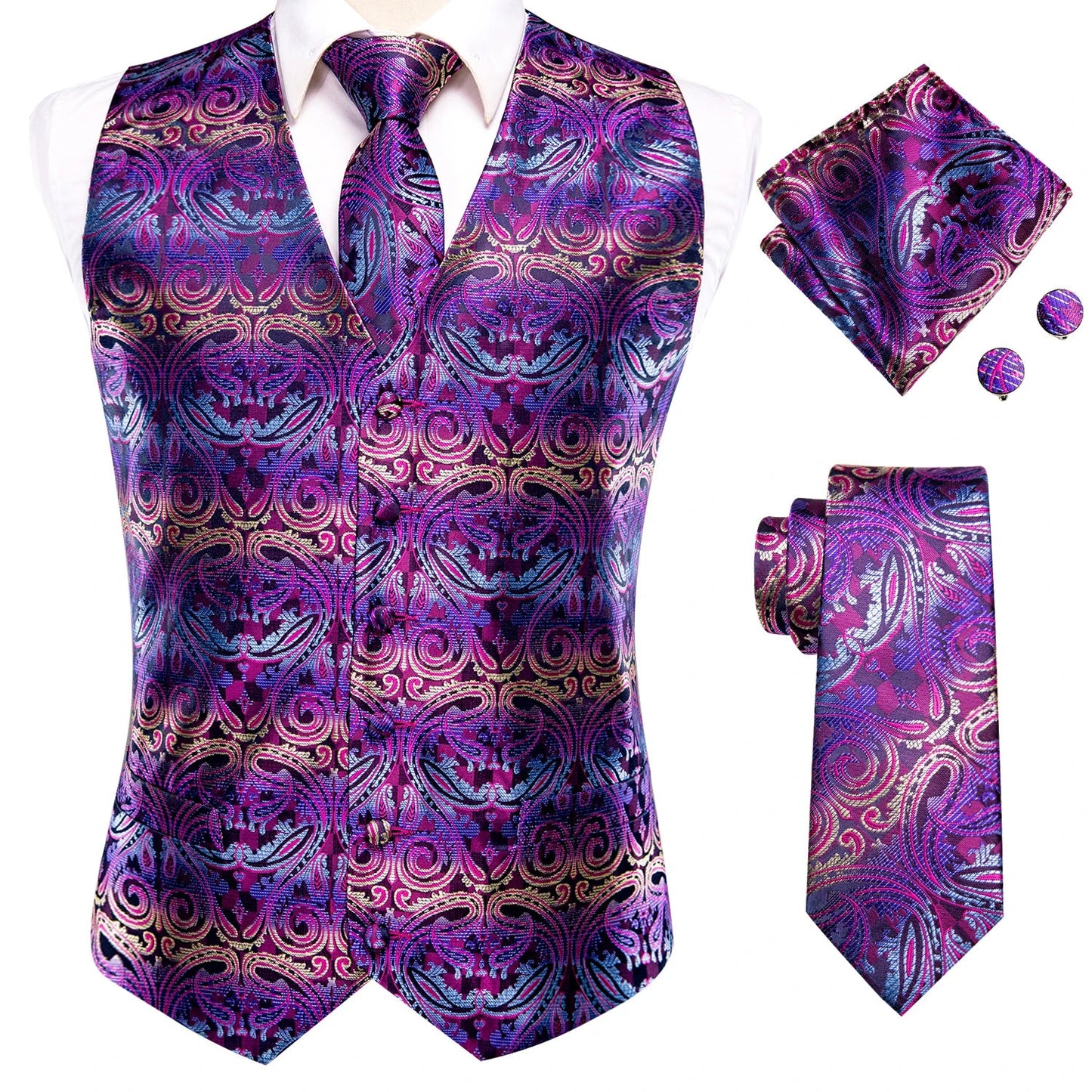 Hi-Tie Black Men Silk Vest Paisley Jacquard Necktie Hankerchief Cufflinks Sets Male Sleeveless V-Neck Waistcoat Business Formal Good Vibrations