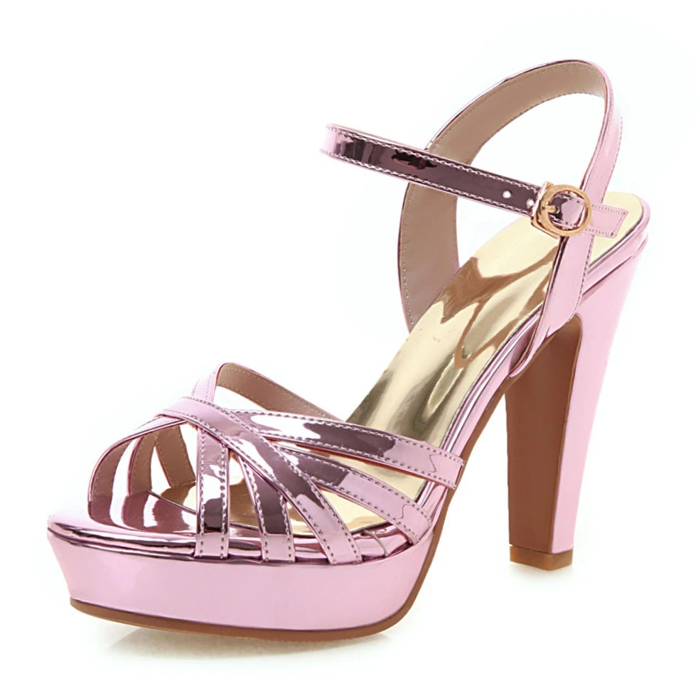 Big Size Gold Wedding Women Platform Sandals High Chunky Heels Pink Mirror PU Sexy Casual Party Lady Ankle Strap Gladiator Shoes Good Vibrations