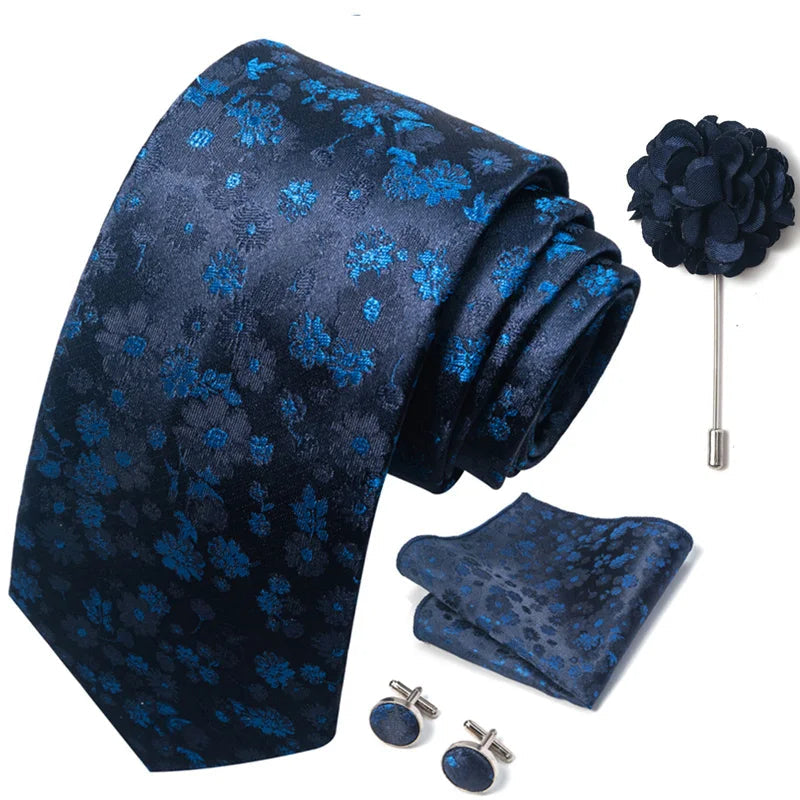 Luxury Mens Ties Floral Black Gold Ties Paisley NeckTie Pocket Square Cufflinks Brooch Set Men's Wedding Party Tie Good Vibrations