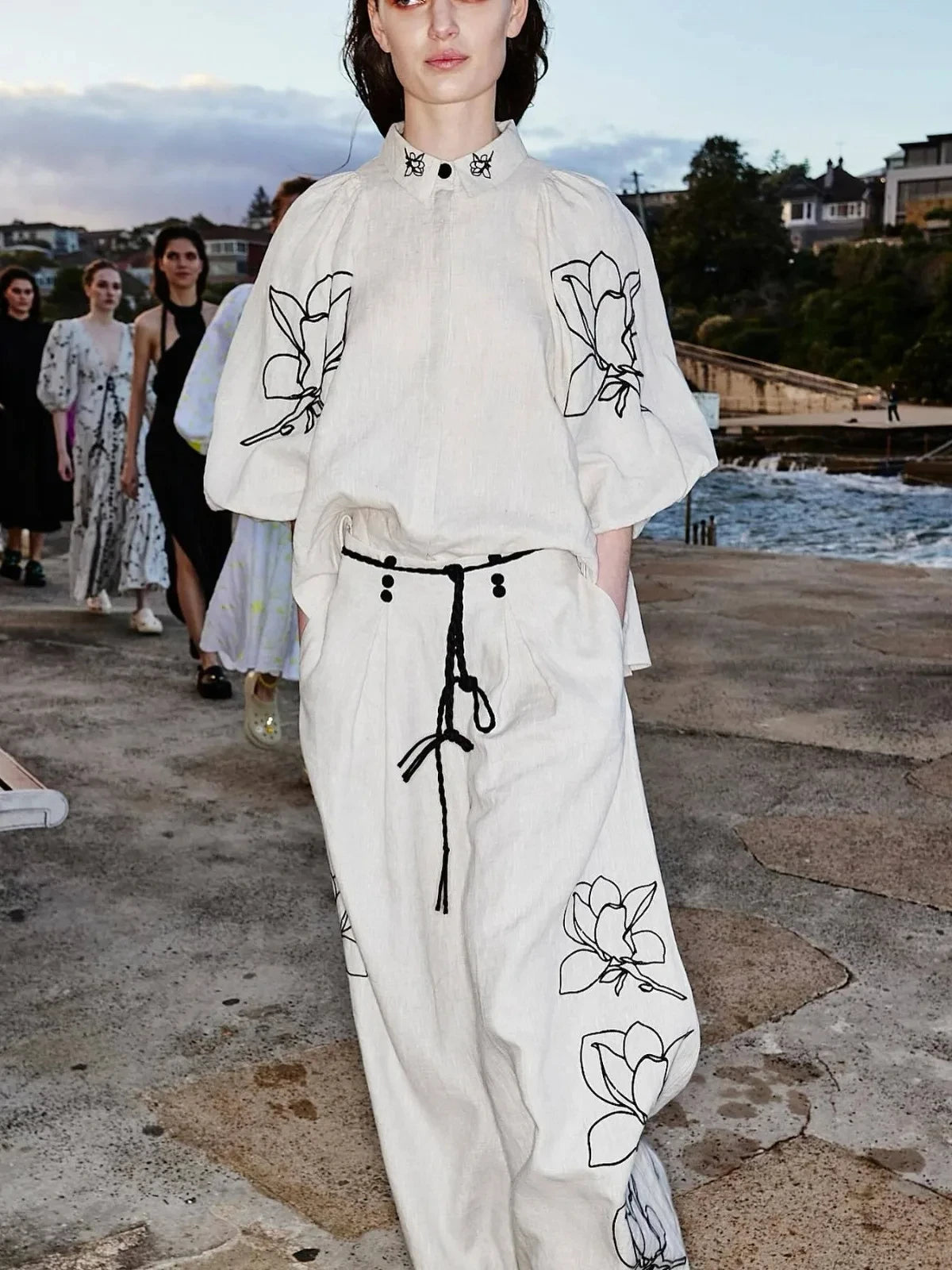 Women Lounge Sets Cotton Linen Stand Collar Lantern Sleeve Loose Flower Tops Wide Leg Oversize Pants Suit Casual Women Outfits Good Vibrations