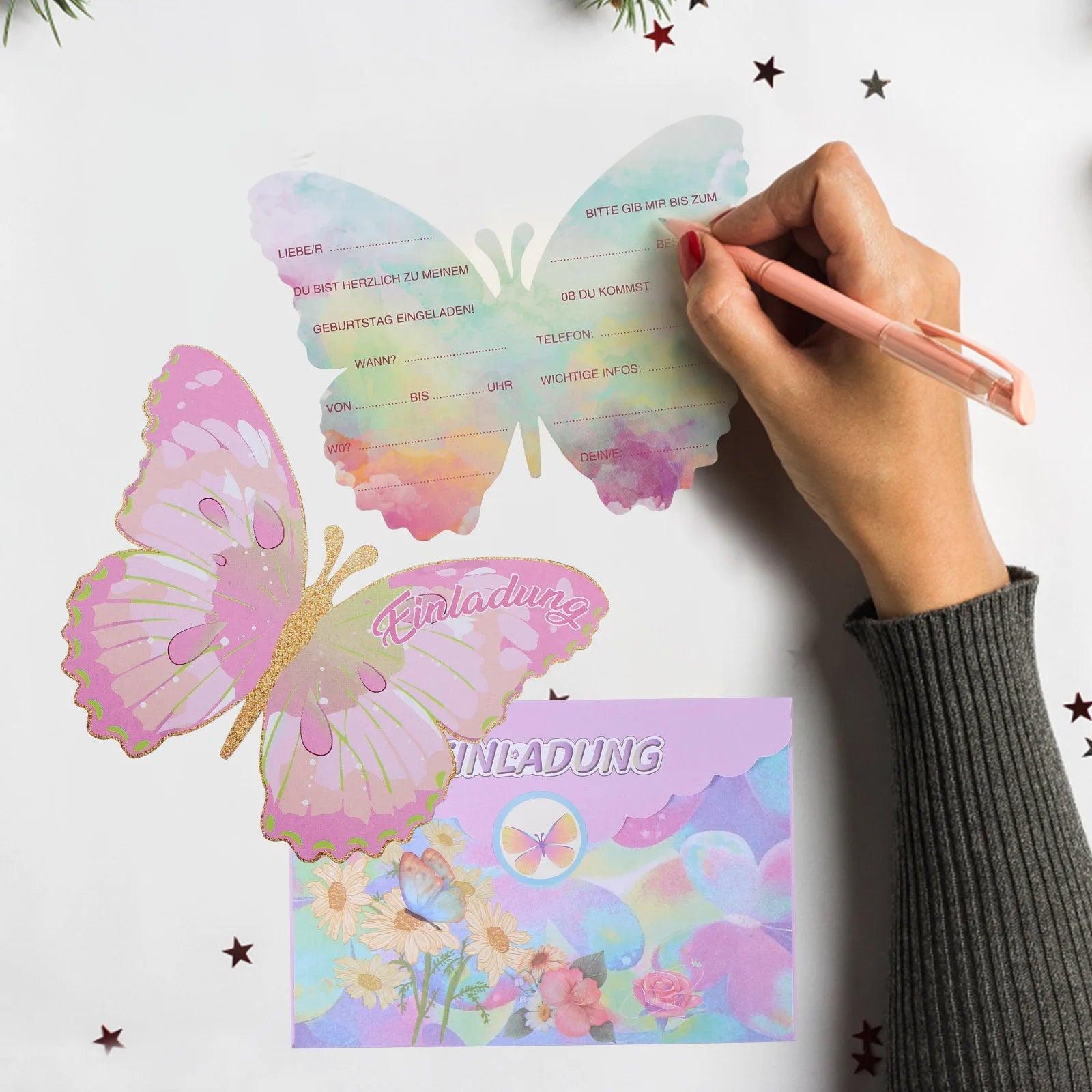 12 sets Pink Purple Butterfly Invitation Card Envelope Butterfly Stickers Girls Birthday Party Decors Baby Shower Wedding Supply Good Vibrations