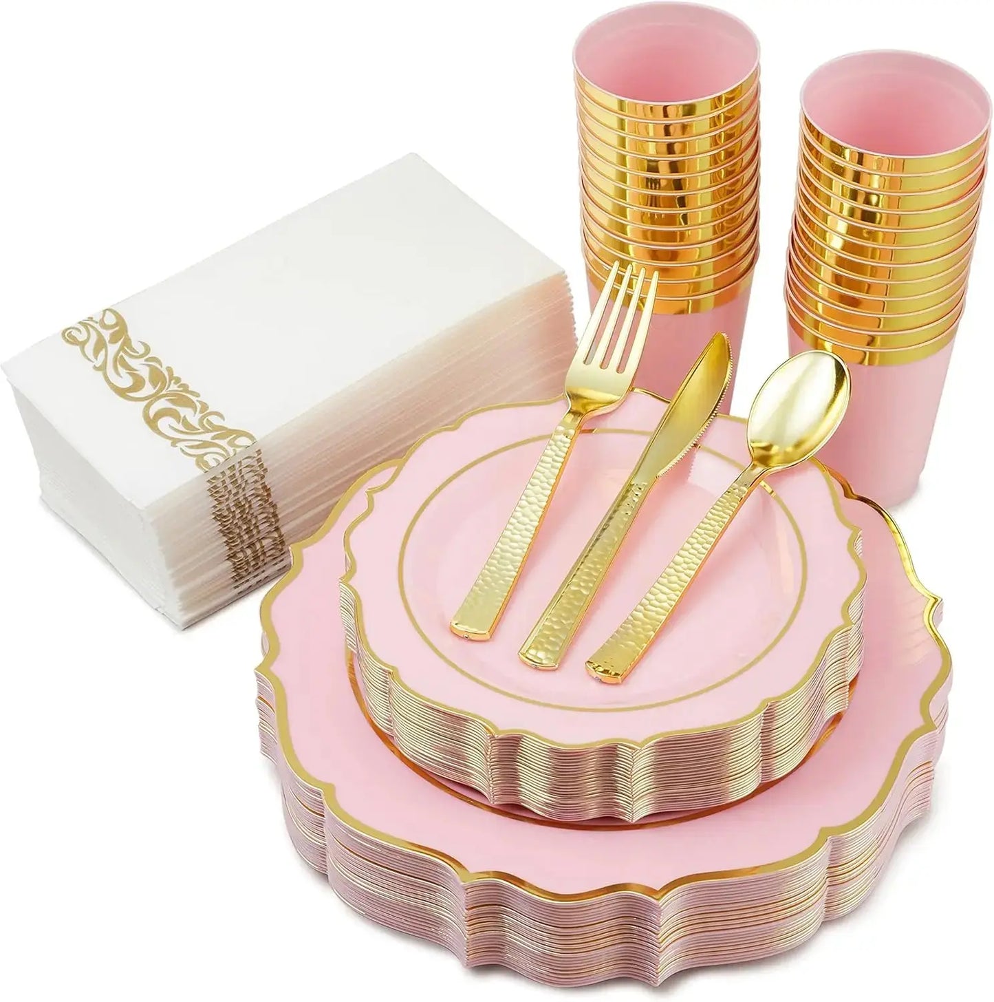 Plates Disposable, 50 Plastic Maroon Plates, Red Plastic Dinnerware Set, 25 10oz Cups, 75 Gold Cutlery, 25 Gold Napkins Good Vibrations