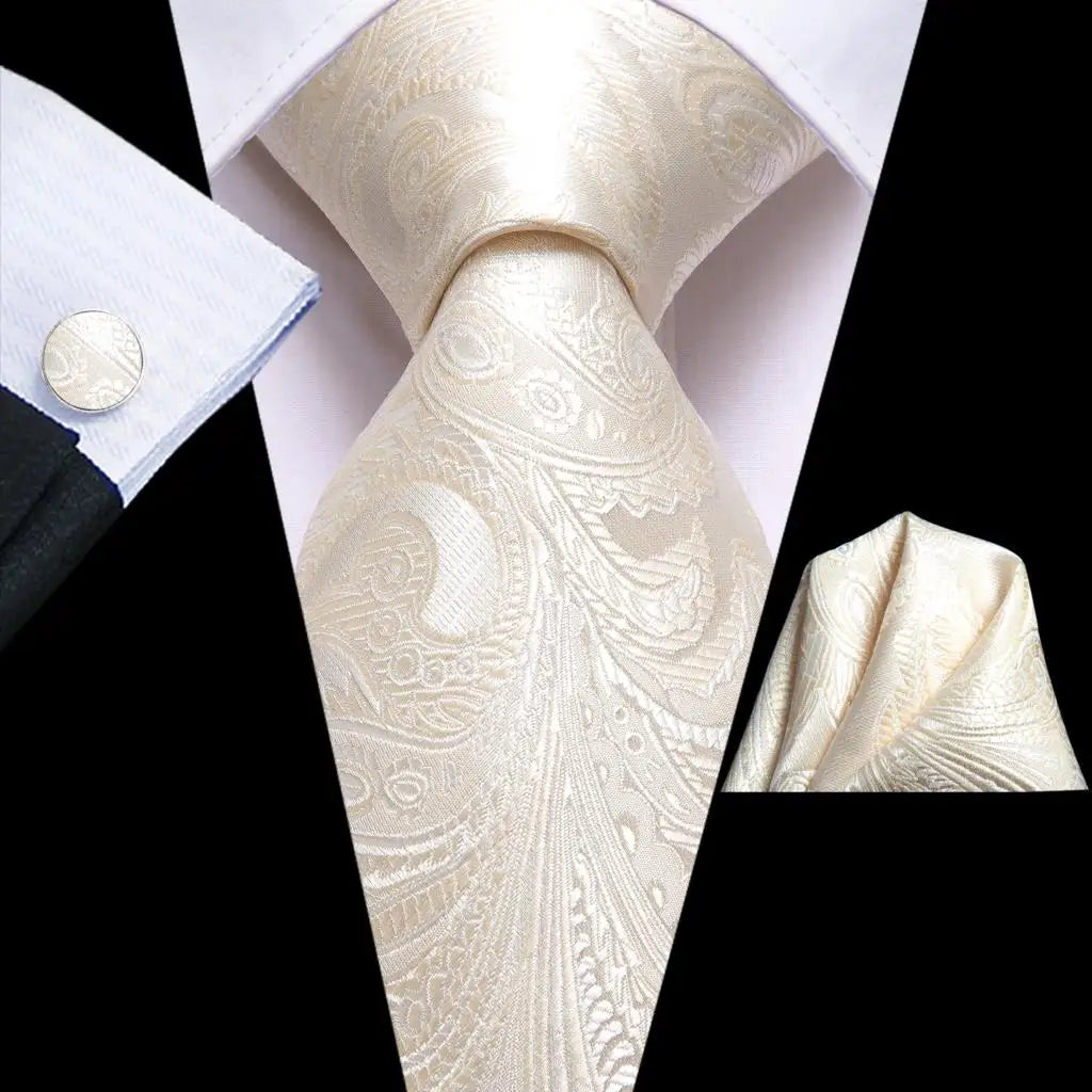 Men's Ties White Sliver Hanky Cufflinks Set Silk Neck ties For Men Wedding Party Business Mens Tie 2022 New Fashion Brand Hi-Tie Good Vibrations