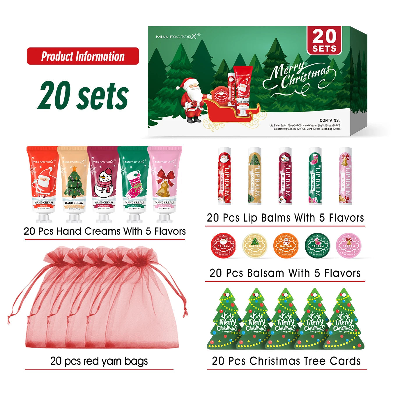Christmas assembly gift set -20 sets, including balm, hand cream, lipstick, red gauze bag, Christmas tree thank you card Good Vibrations