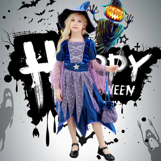 Halloween Party Costumes Witch Dress for Girls Kids Cosplay Carnival Witch Costume Pumpkin Dress Up With Bag Hat Wand Clothing Good Vibrations