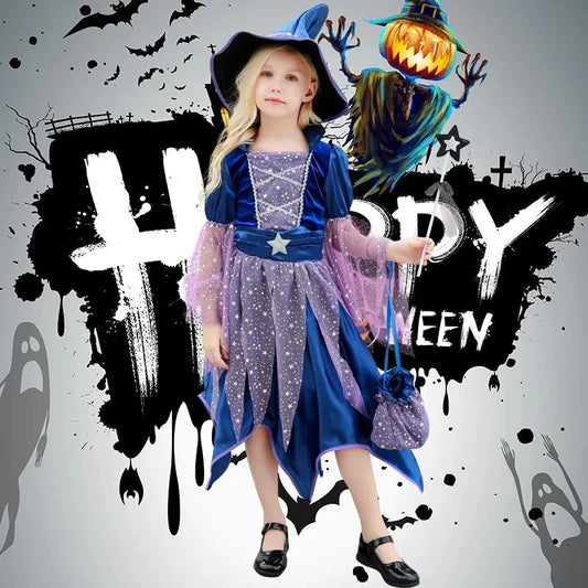 Halloween Party Costumes Witch Dress for Girls Kids Cosplay Carnival Witch Costume Pumpkin Dress Up With Bag Hat Wand Clothing Good Vibrations
