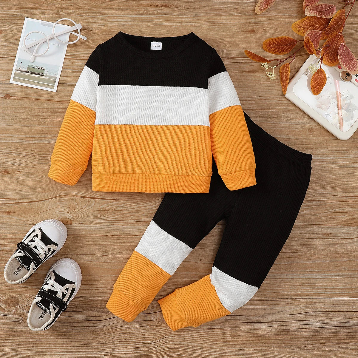 2PCS Kids Boy Clothing Set Fashion Color Block Long Sleeve Top+Pants Spring&Autumn Handsome Sports Outfit for Children 1-6 Years Good Vibrations