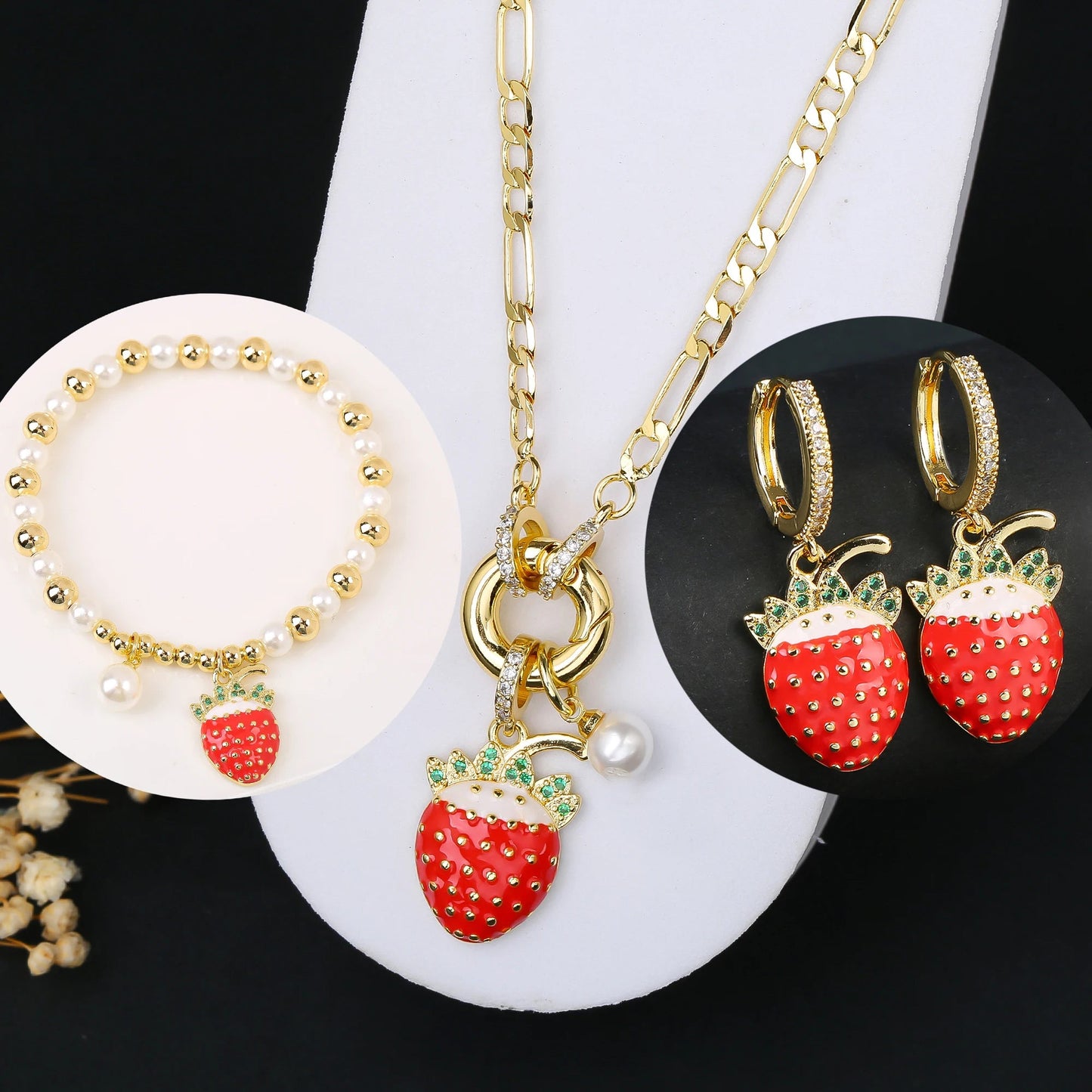 3pcs Hot Sale Shiny Zirconia Crystal Cherry Necklace Bracelet Earrings Jewelry Set Fashion for Woman Girl Wedding Lucky Jewelry Good Vibrations Adult Super Store