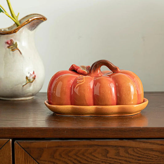 Ceramic Butter Dish with Lid Halloween Pumpkin Plate Farmhouse Dessert Cheese Holder with Lid for Holiday Butter Fall Good Vibrations