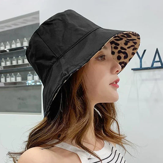 Flattop Ladies' Hat Street Women Leopard Print Bucket Comfortable Breathe Foldable Beach Flat Top Sun Fishing Hats for Women Good Vibrations