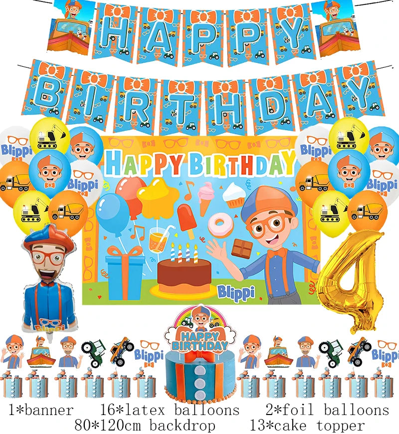 New Blippiing Birthday Party Decoration Foil Balloon Backdrop Banner Cake Topper Baby Birthday Party Supplies Good Vibrations