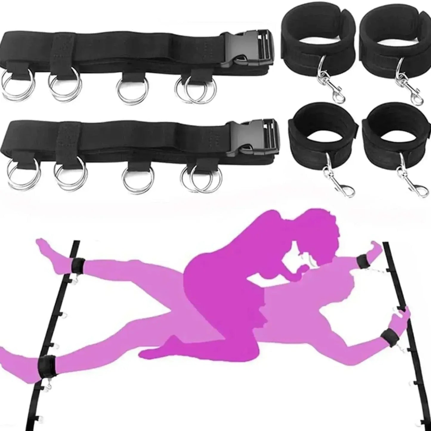 Sex bed restraint BDSM system with nylon handcuffs and ankle cuffs for couples.