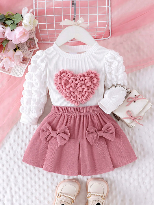2PCS Winter New Style For 0-3 Year Old Girls, Comfortable Sweet And Cute Bubble Sleeves, Love Chapter Top + Pink Short Skirt Set Good Vibrations