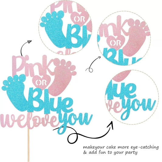 Glitter Blue Or Pink Cake Toppers Gender Reveal Party Cake Decorations Pink Blue He or She Supplies Birthday Party Cake Flags Good Vibrations