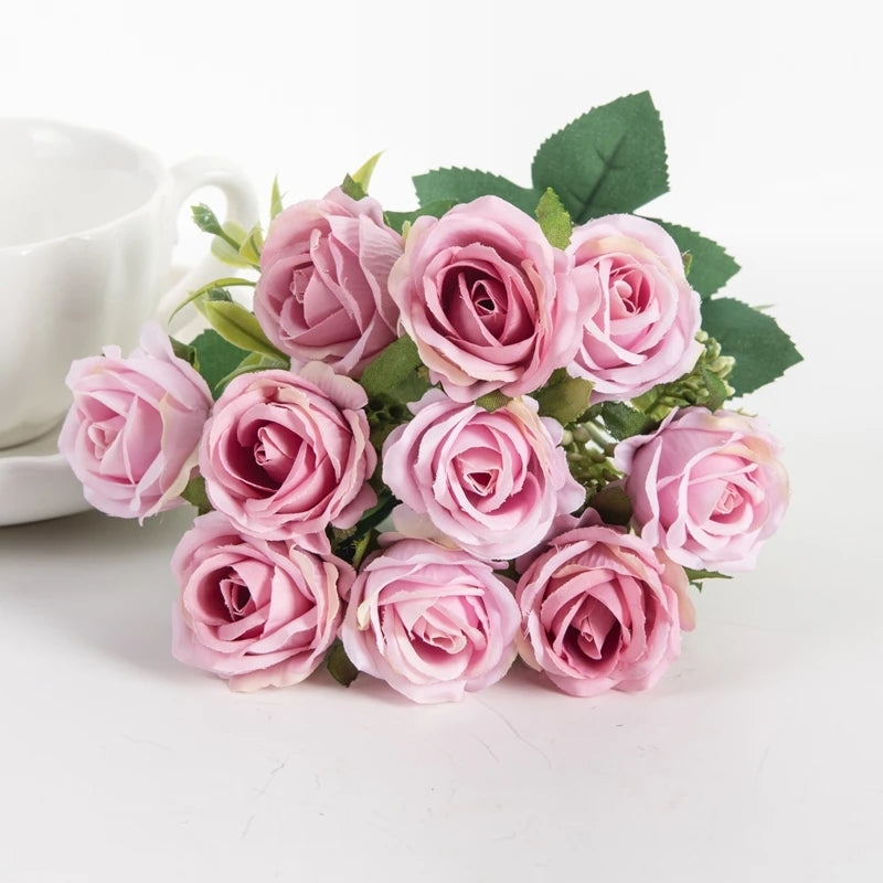 10 Heads Artificial Flowers Scrapbooking Silk Roses Christmas Wedding Party Bouquet Household Products Vases for Home Decoration Good Vibrations