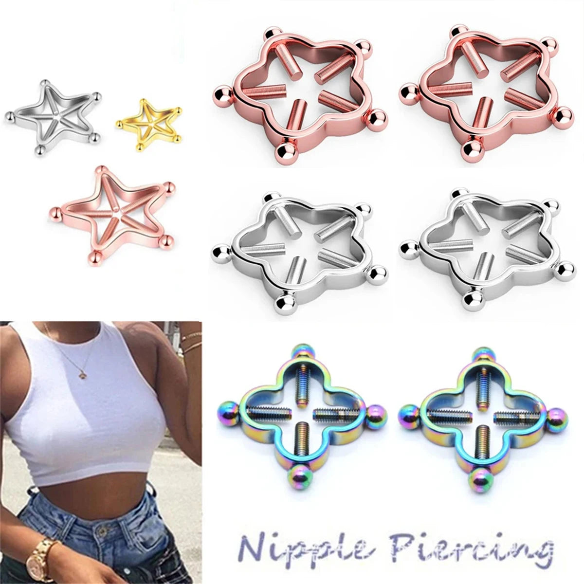 2Pcs 316L Stainless Steel Adjustable Nipple Rings for Women, Star Shaped Flower Shaped Clip On Nipple Ring Fake Piercing Jewelry Good Vibrations Adult Super Store