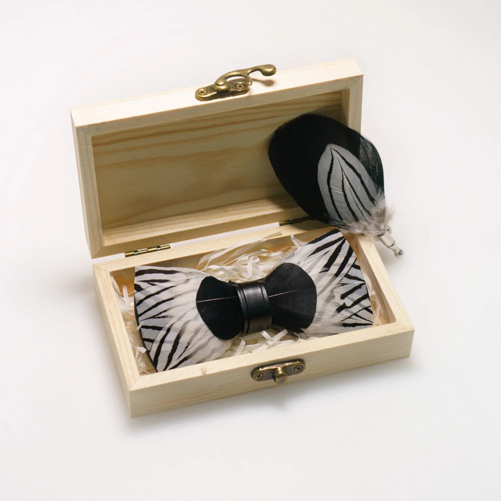 Wedding Bow Tie for Men handmade feather bow tie black white Pre-tied bowtie brooch wooden box Set for Party birthday Gift Good Vibrations
