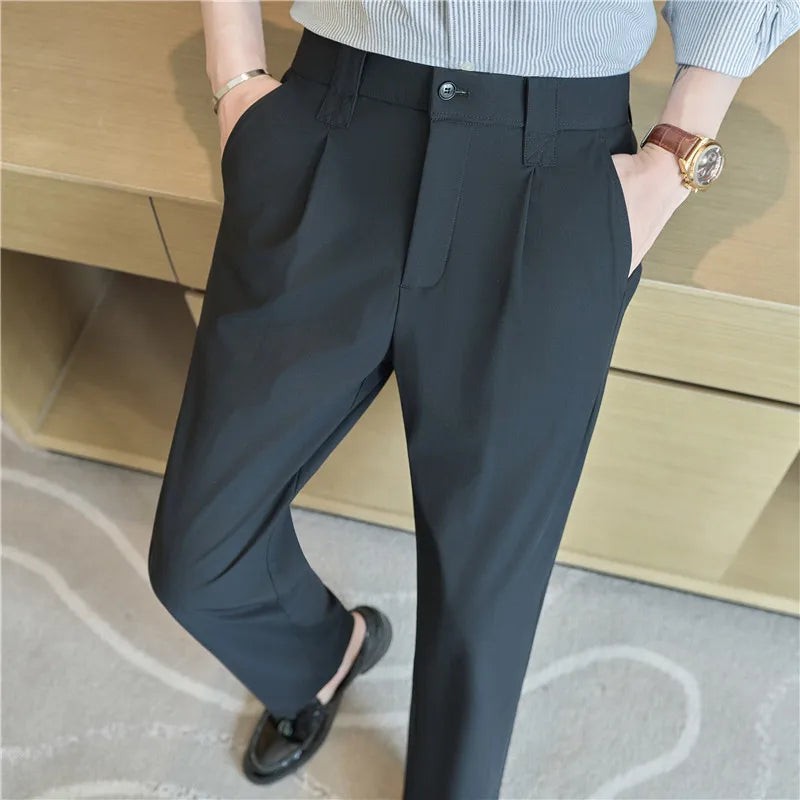 Men Straight Leg Suit Pants Summer Ice Silk Lightweight Elastic Waist Casual Loose Wide-leg Trousers Dress Pants Men Clothing