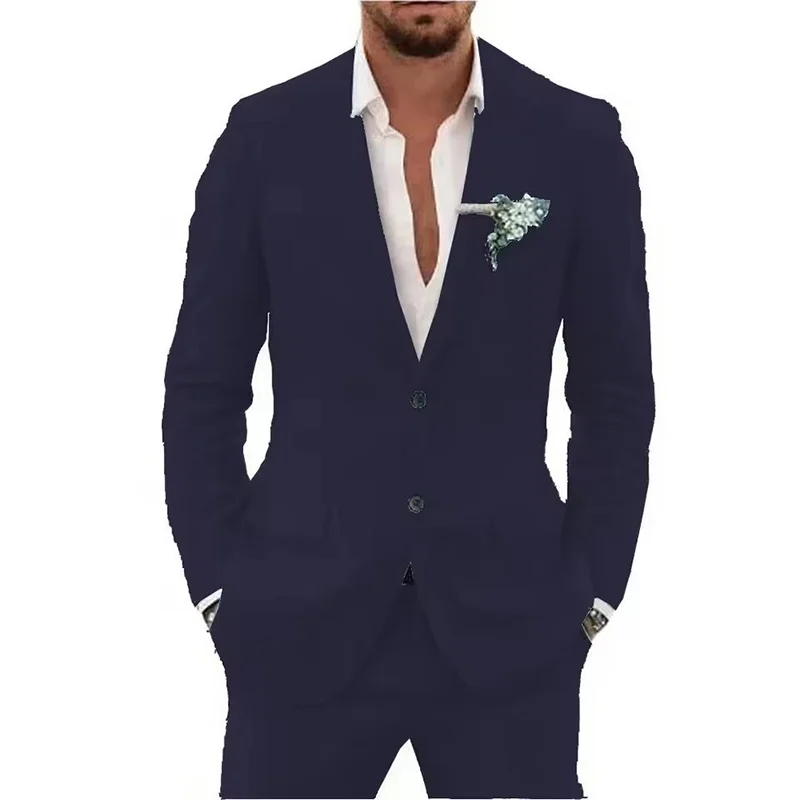 Summer Casual Linen Suit for Men 2 Pieces Blazer Pant Set Notched Lapel Formal Slim Fit Wedding Suit Prom Suits Groom Tuxedo Good Vibrations