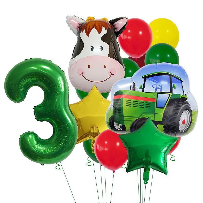 14pcs Farm Themed Tractor Milk Cow Head Balloon 32 inch Green Number Birthday Balloon Set Festive Party Decoration Birthday Gift Good Vibrations
