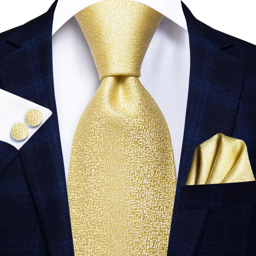 Hi-Tie Champagne Gold Striped Paisley Solid Men Silk Wedding Tie Fashion Design Necktie For Men Hanky Cufflink Business Party Good Vibrations