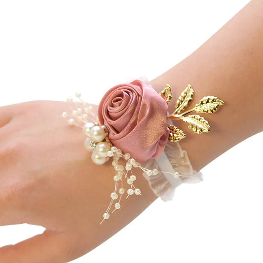 Bridesmaid Faux Rose Bracelet Wedding Wrist Corsage Polyester Ribbon Pearl Bow Bridal Gifts Hand Flowers Party Prom Accessories Good Vibrations