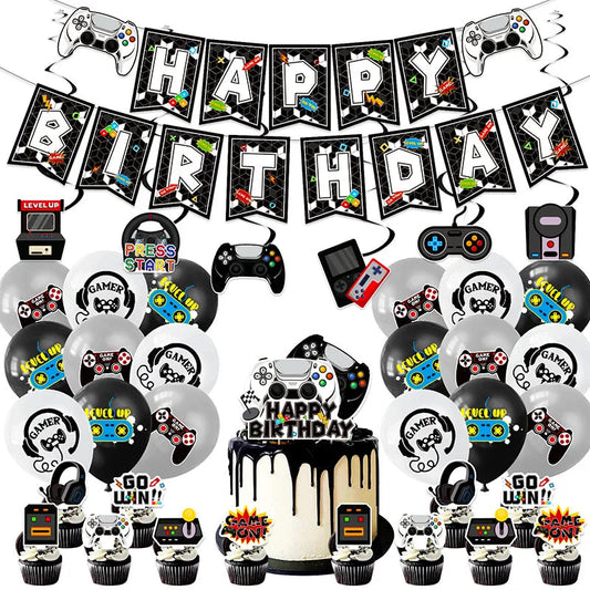 Video Game Party Supplies Set Birthday Decorations Happy Birthday Gaming Backdrop Game On Table Covers Gamer Banner Balloons Good Vibrations