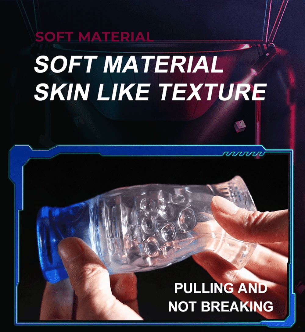 Soft silicone male masturbator cup with transparent design, showing flexible skin-like texture.