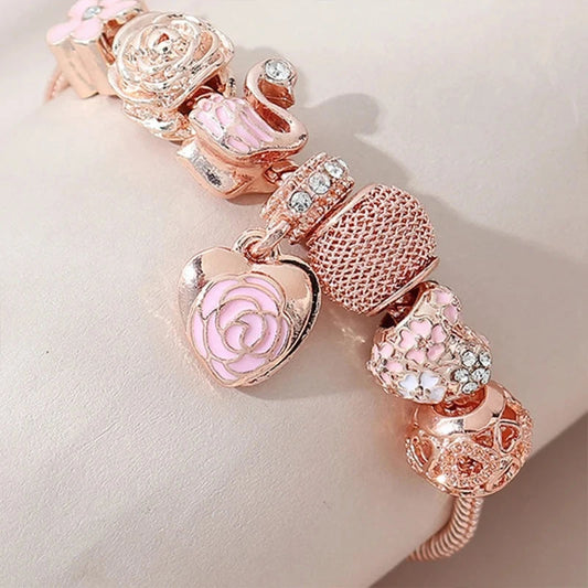 Chic Heart Flower Bead Charming Bracelet With Shiny Rhinestonw Pink Enamel Floral Swan Charms Casual Outings Jewelry Good Vibrations