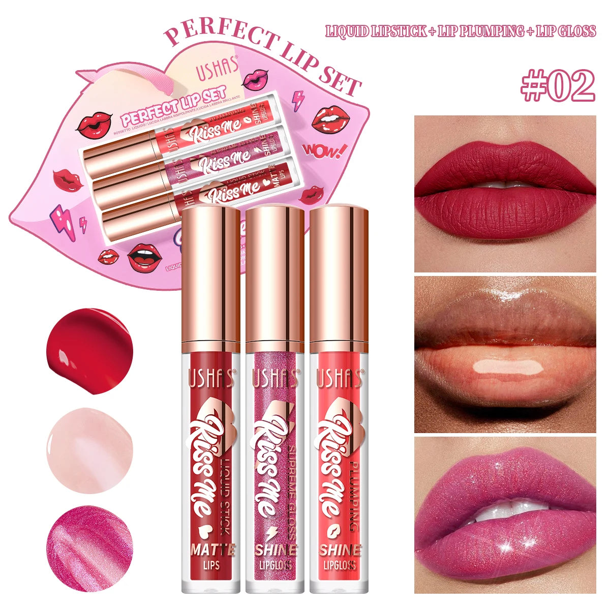 USHAS 3 Pcs/Set Lip Gloss Set, Matte and Glossy Lip Glaze Suit, 3 Different Colors in 1 Set, Perfect Gift for Girls&Women Good Vibrations