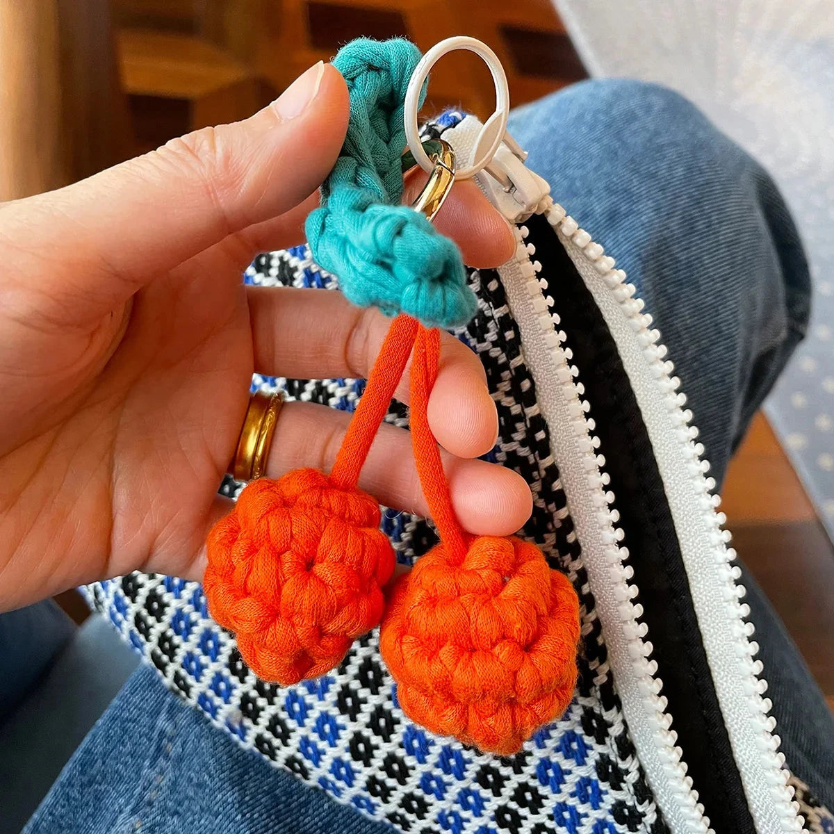 Blue Cherry Hangings Cosmetic Bag Geometric Pattern Make Up Bag Letter Patch Decor Makeup Bag Large Capacity Handbag Good Vibrations