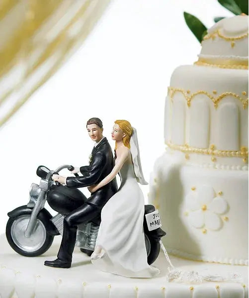 Resin Cake Topper Fashion Bride Groom on Motorcycle Figurine Wedding Ornament Good Vibrations