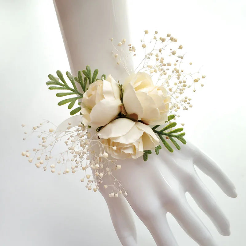 White Boutonniere Wedding Accessories Groom Buttonhole Wrist Corsage Brooch Flowers Artificial Silk Roses Bridesmaids Bracelets Good Vibrations