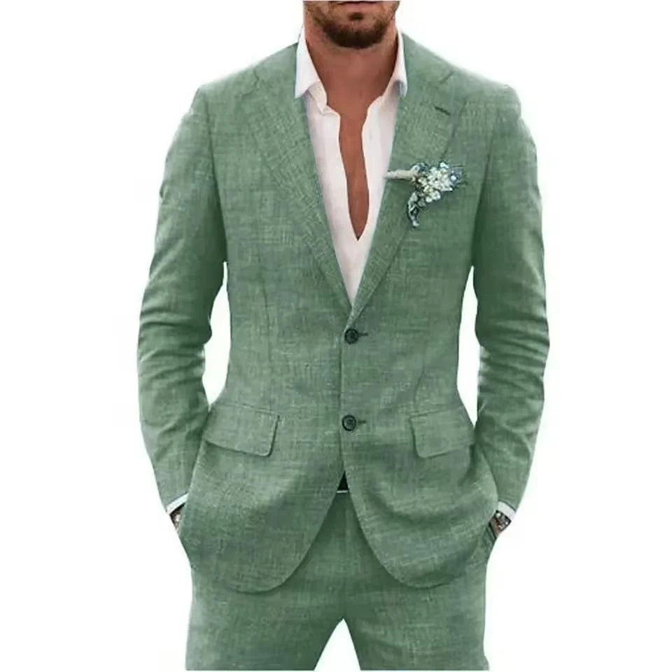 Summer Casual Linen Suit for Men 2 Pieces Blazer Pant Set Notched Lapel Formal Slim Fit Wedding Suit Prom Suits Groom Tuxedo Good Vibrations