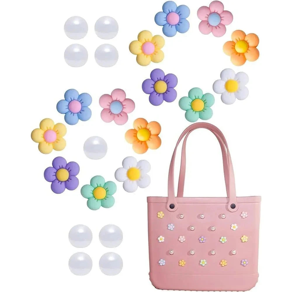 24Pcs Flowers and Pearls Charms for Bogg Bag Compatible with Women Rubber Beach Bag Tote Handbag Decoration Good Vibrations