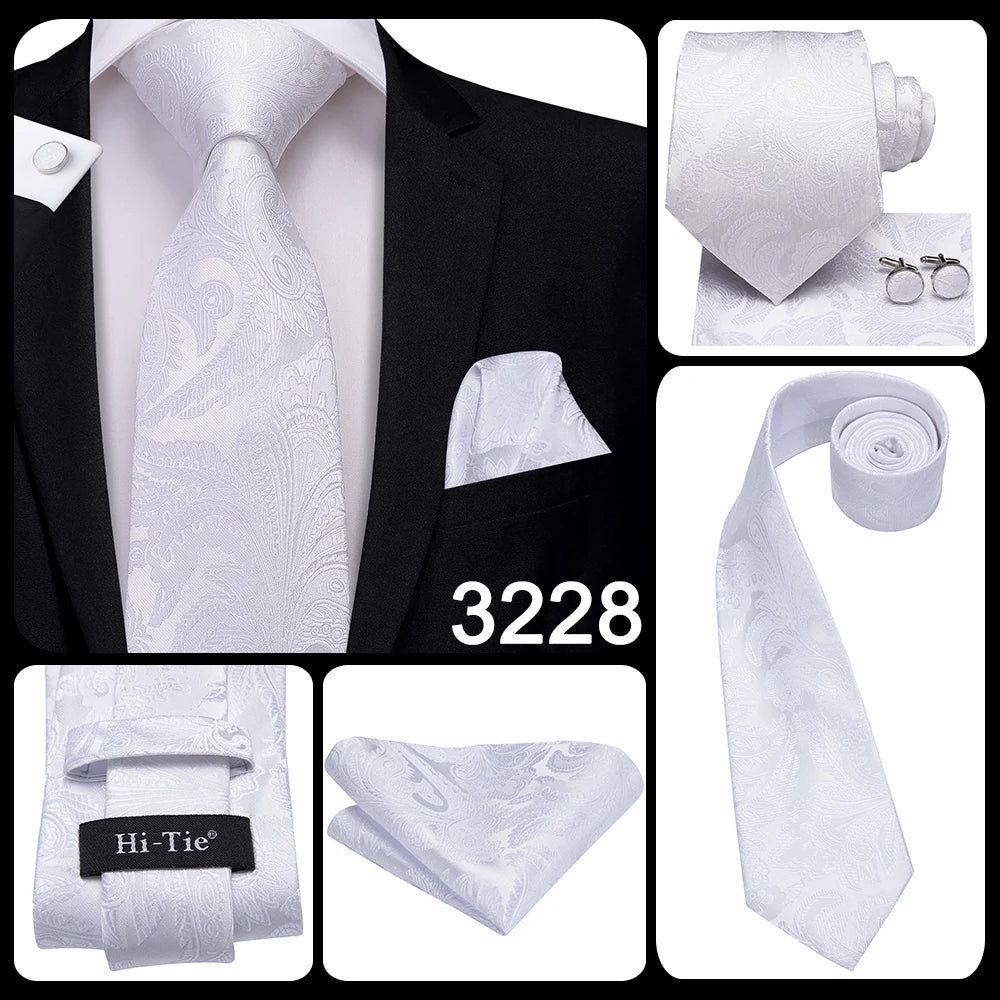 Men's Ties White Sliver Hanky Cufflinks Set Silk Neck ties For Men Wedding Party Business Mens Tie 2022 New Fashion Brand Hi-Tie Good Vibrations