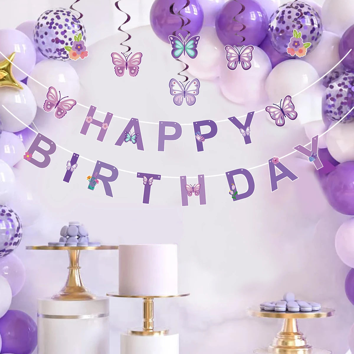 Pink Happy Birthday Banner With Butterfly Dancing Hanging Pendant Garlands  Girls Princess 1st Happy Birthday Party Decorations Good Vibrations
